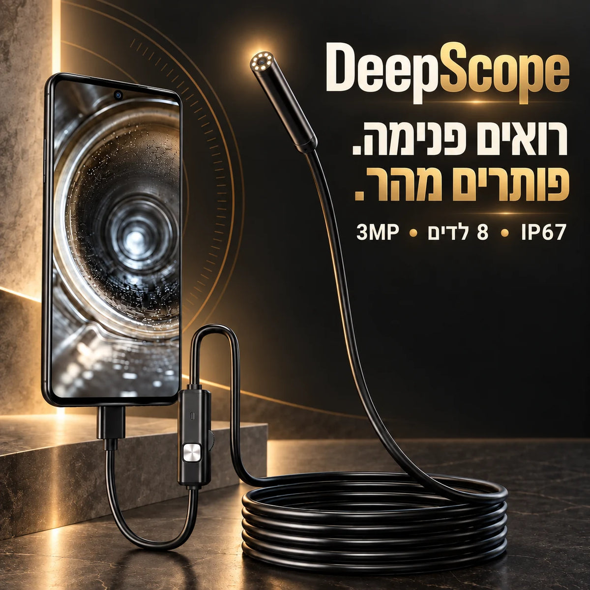 DeepScope צינור מואר עם מצלמה
